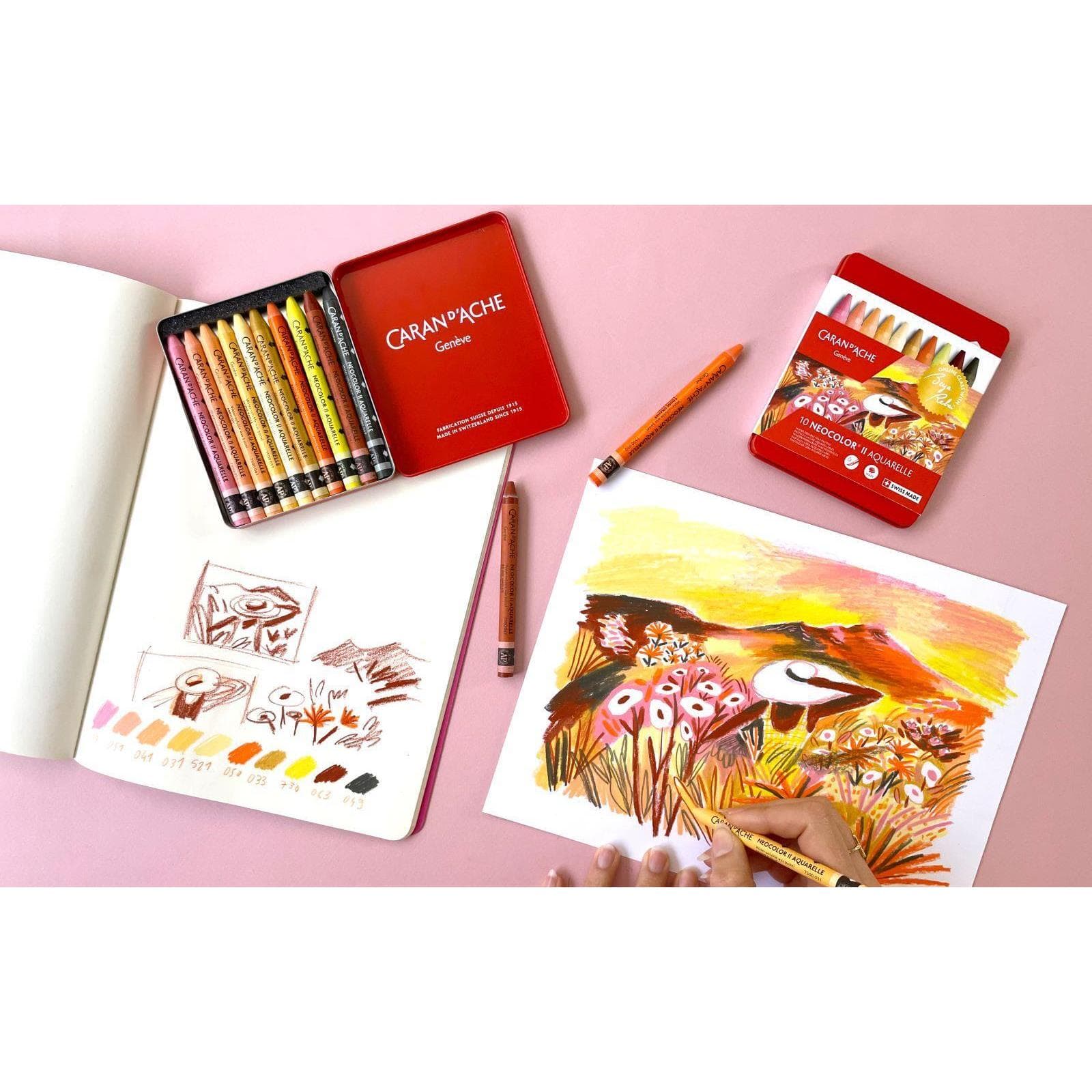 Caran D’ache – Limited Edition by Beya Rebaï + Online course – 10 Neocolor® II Aquarelle in Metal Box – Water-Soluble Wax Pastels Warm Shades - Image 4