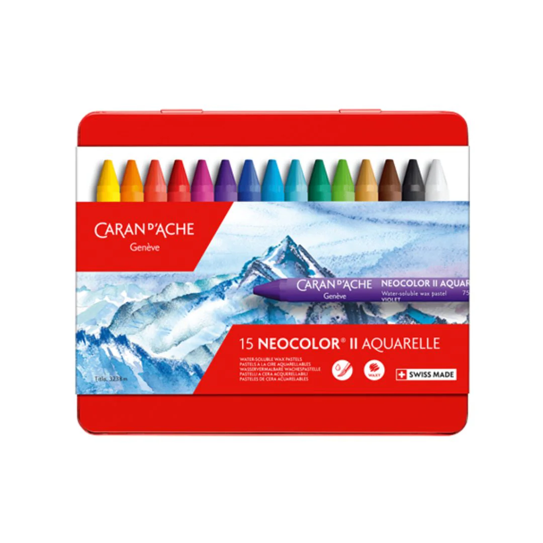 CARAN D'ACHE - 15 Neocolor® II Aquarelle in Metal Box – Water-Soluble Wax Pastels