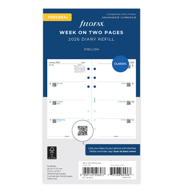 Filofax 2026 - Week On Two Pages - Diary Refill - Classic Personal - English