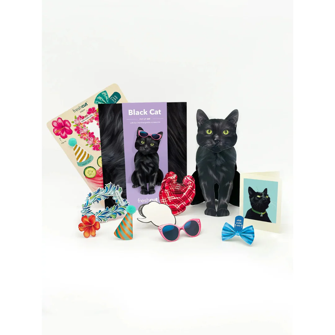 Fresh Cut Paper - Pop-Up Cat with Note Card and Accessories - Black Cat - Image 2
