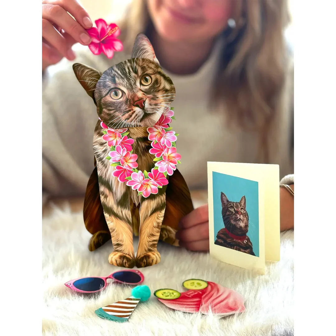 Fresh Cut Paper - Pop-Up Cat with Note Card and Accessories - Brown Tabby Cat - Image 3