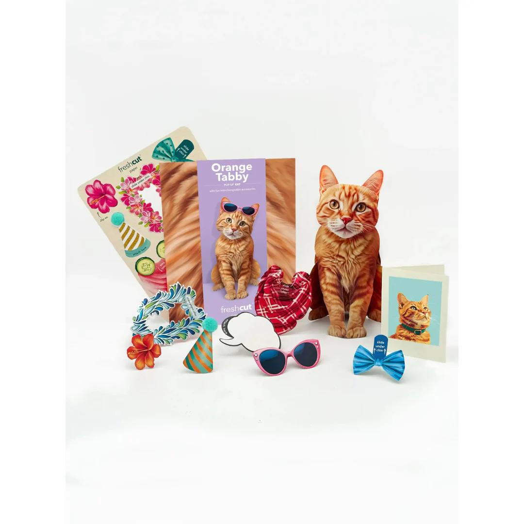 Fresh Cut Paper - Pop-Up Cat with Note Card and Accessories - Orange Tabby - Image 2