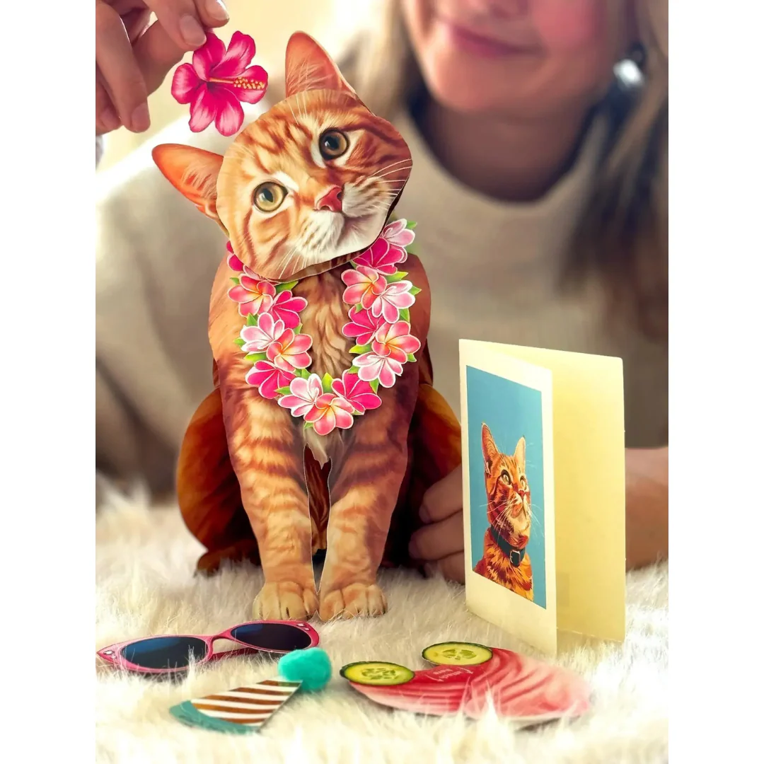 Fresh Cut Paper - Pop-Up Cat with Note Card and Accessories - Orange Tabby - Image 3