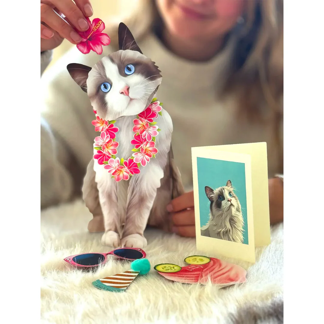 Fresh Cut Paper - Pop-Up Cat with Note Card and Accessories - Ragdoll Cat - Image 3