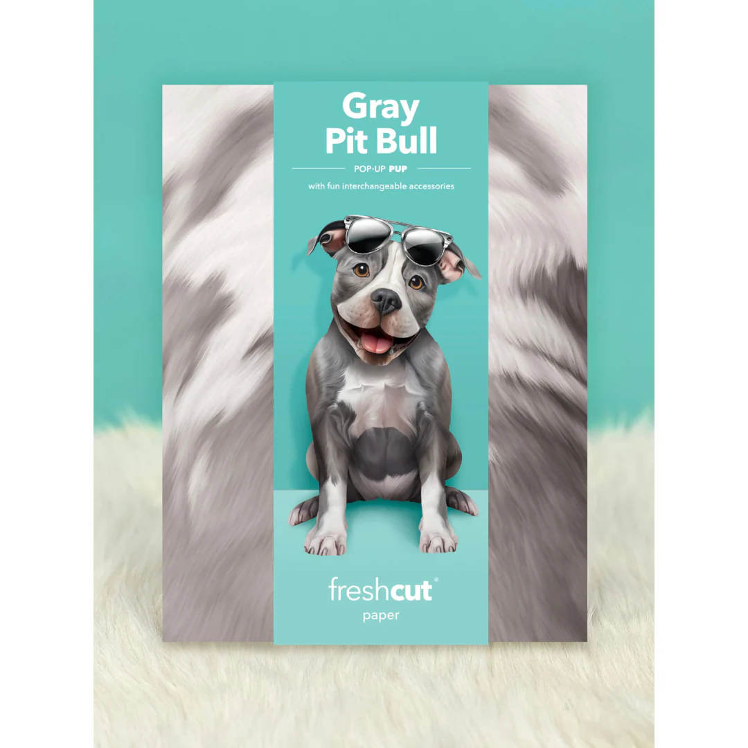 Fresh Cut Paper - Pop-Up Pup with Note Card and Accessories - Grey Pit Bull