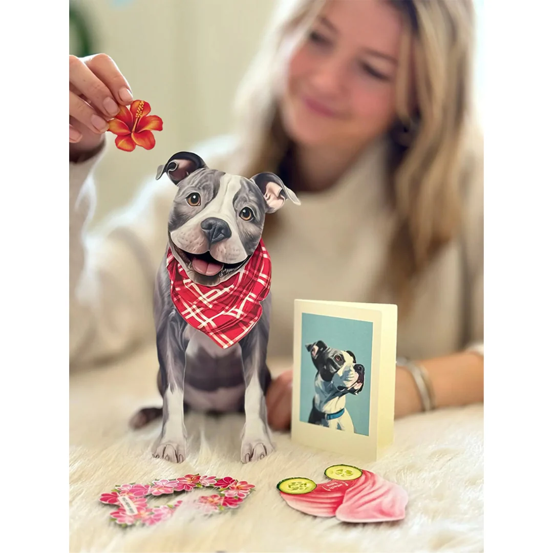 Fresh Cut Paper - Pop-Up Pup with Note Card and Accessories - Grey Pit Bull - Image 3