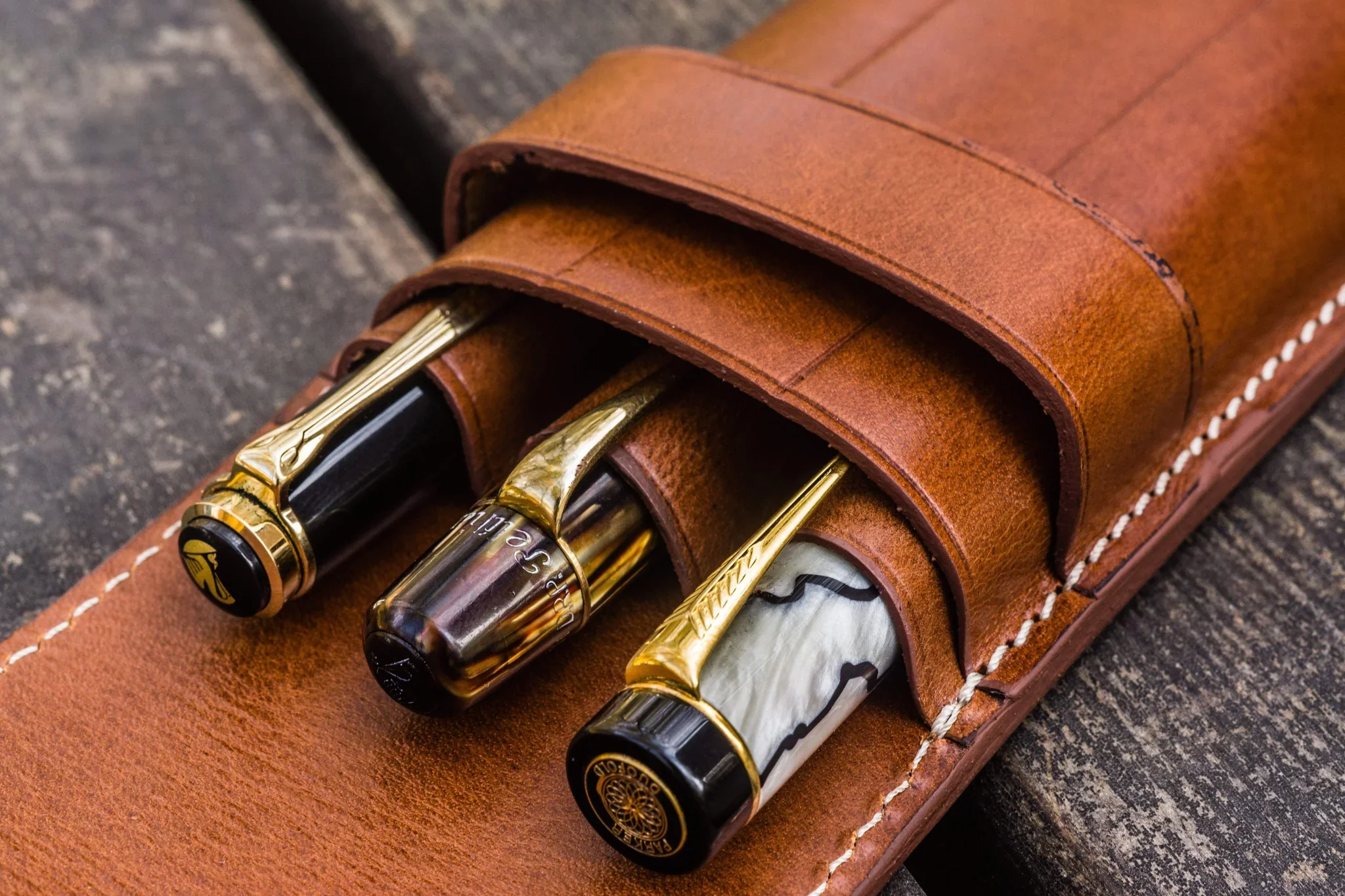 Galen Leather - Leather Flap Pen Case for Three Pens - Brown - Image 3