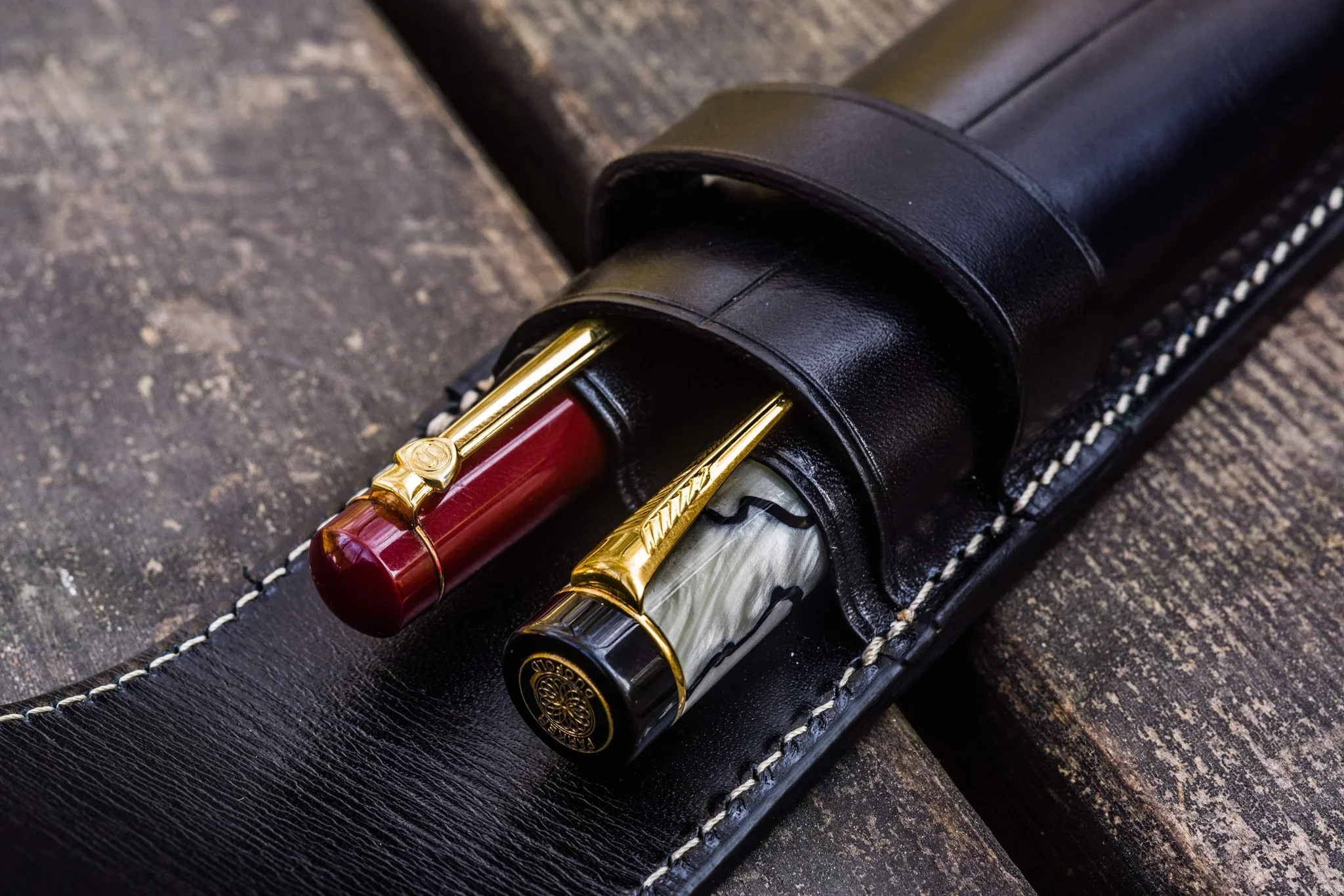 Galen Leather - Leather Flap Pen Case for Two Pens - Black - Image 3