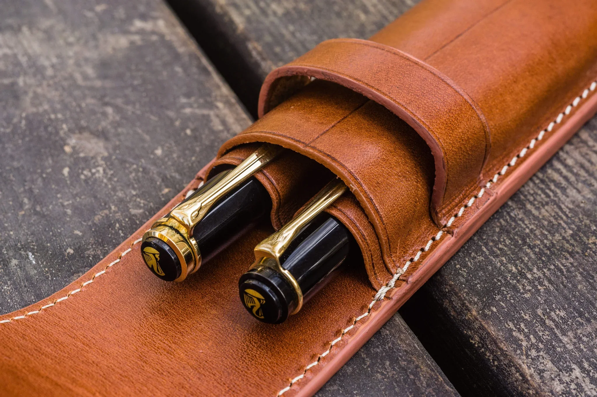 Galen Leather - Leather Flap Pen Case for Two Pens - Brown - Image 3