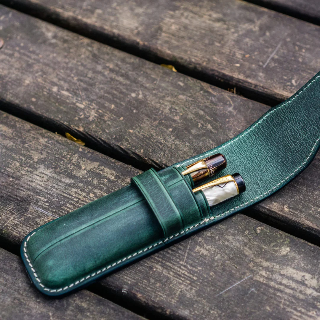 Galen Leather - Leather Flap Pen Case for Two Pens - Crazy Horse Forest Green - Image 2