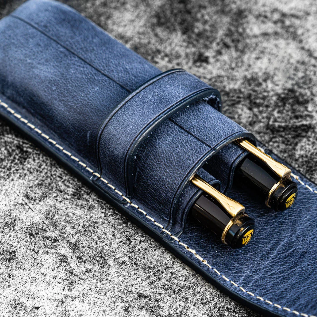 Galen Leather - Leather Flap Pen Case for Two Pens - Crazy Horse Navy Blue