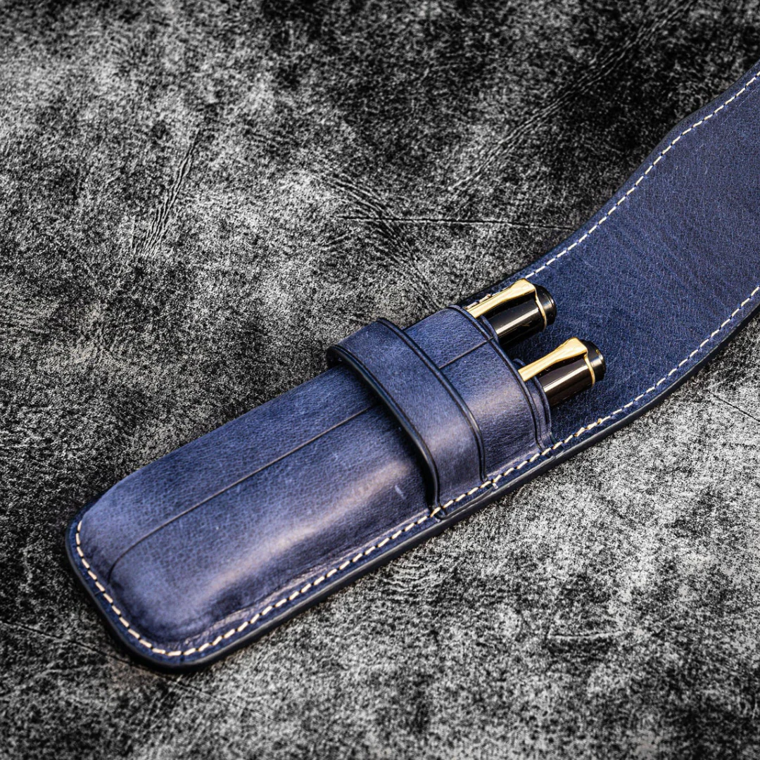Galen Leather - Leather Flap Pen Case for Two Pens - Crazy Horse Navy Blue - Image 2