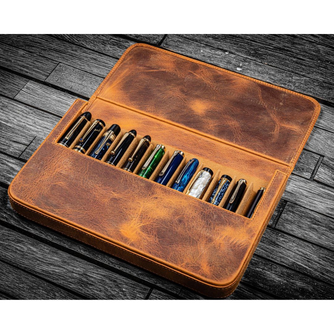 Galen Leather - Leather Magnum Opus 12 Slots Hard Pen Case with Removable Pen Tray - Crazy Horse Brown