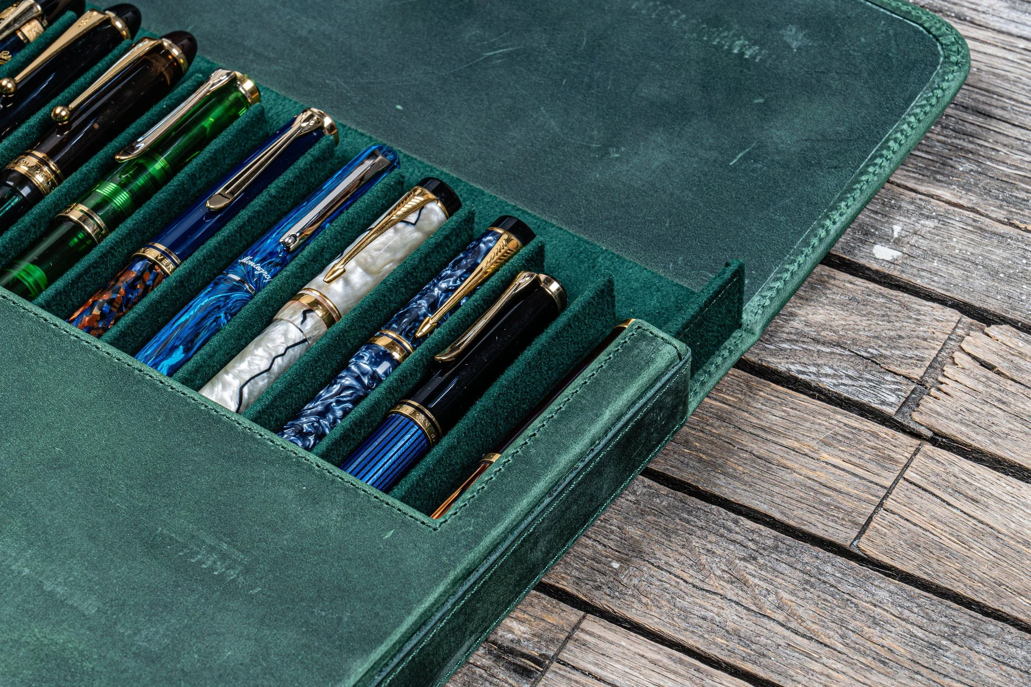 Galen Leather - Leather Magnum Opus 12 Slots Hard Pen Case with Removable Pen Tray - Crazy Horse Forest Green - Image 2