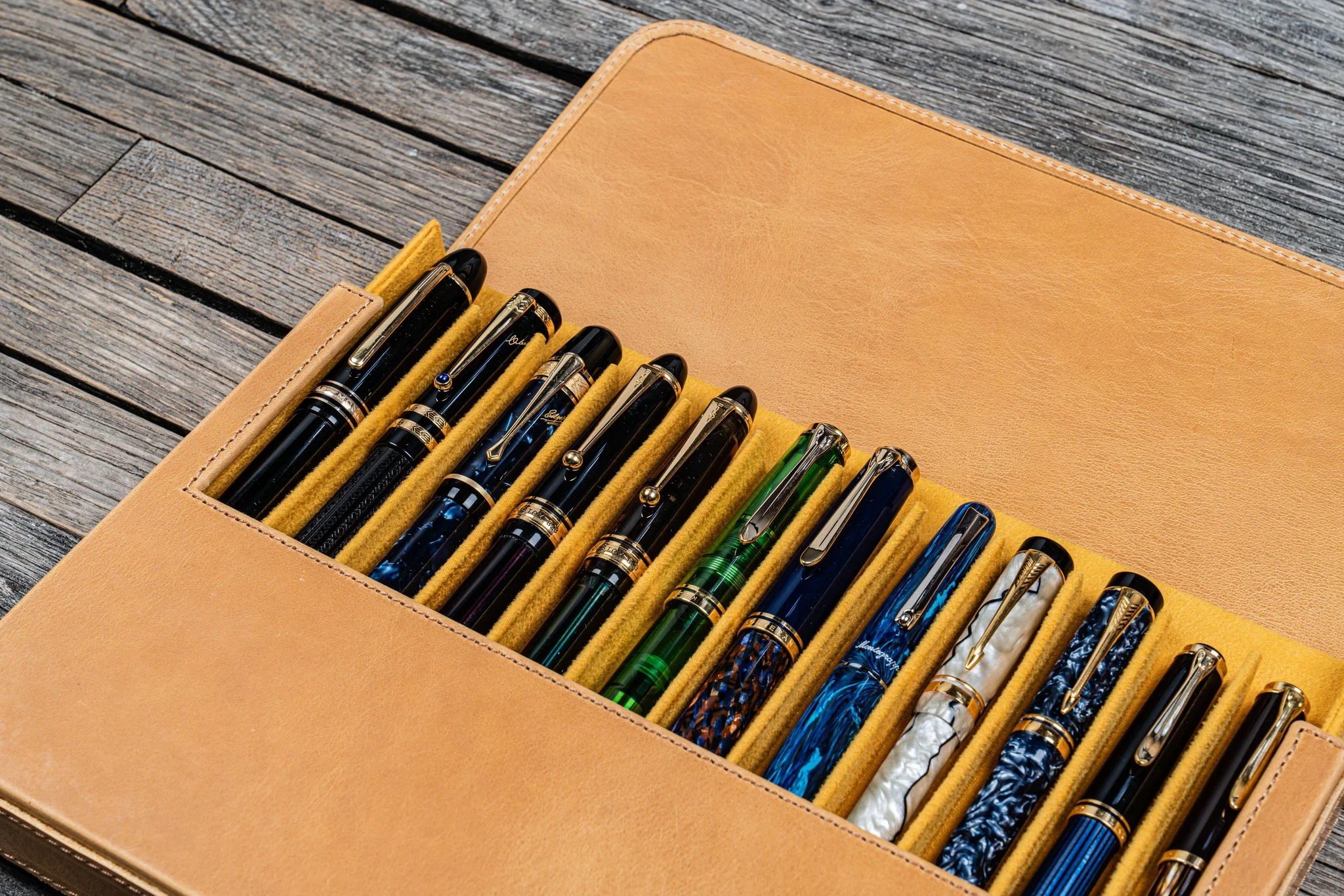 Galen Leather - Leather Magnum Opus 12 Slots Hard Pen Case with Removable Pen Tray - Crazy Horse Honey Ochre - Image 2