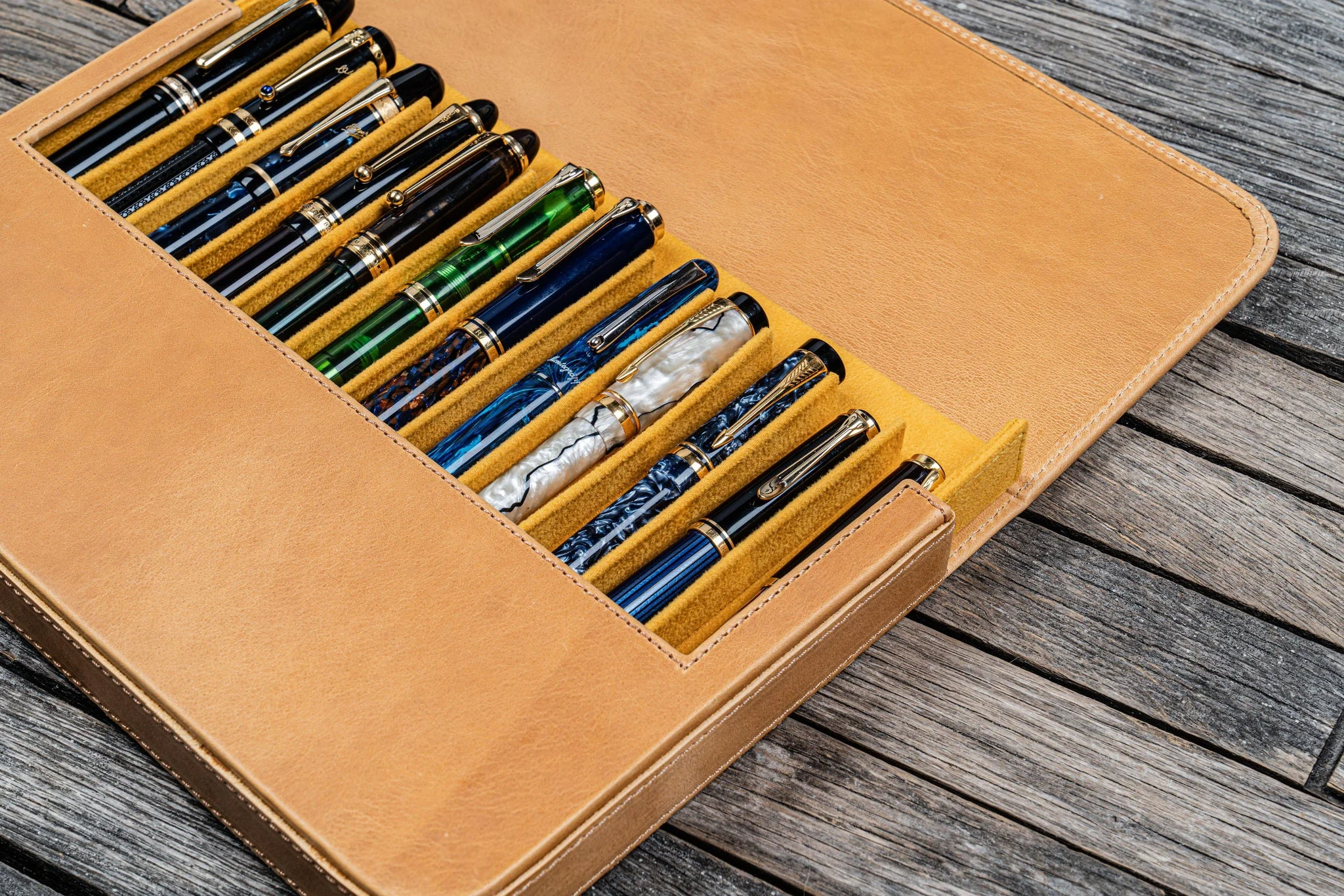Galen Leather - Leather Magnum Opus 12 Slots Hard Pen Case with Removable Pen Tray - Crazy Horse Honey Ochre - Image 3