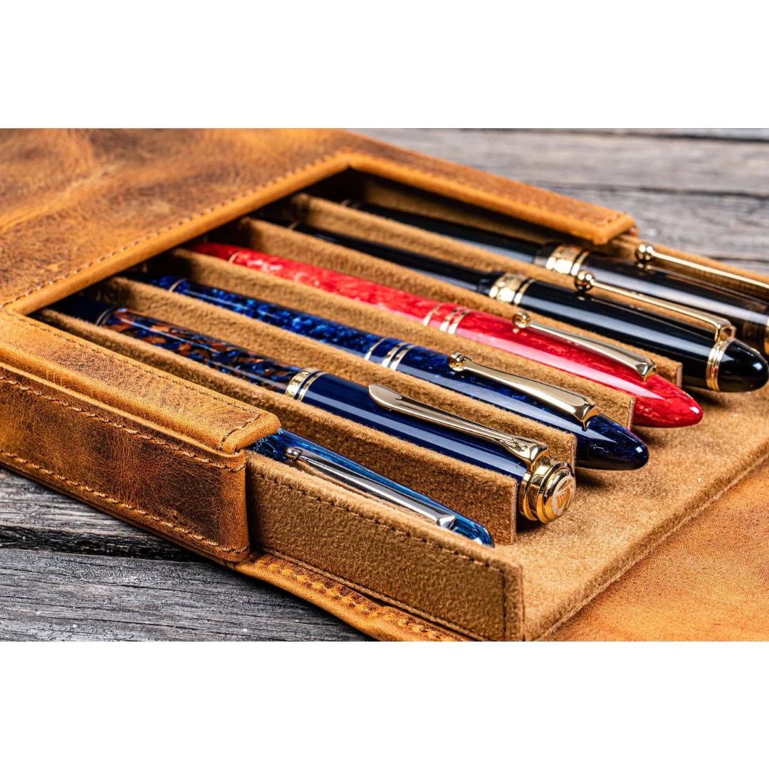 Galen Leather - Leather Magnum Opus 6 Slots Hard Pen Case with Removable Pen Tray - Crazy Horse Brown - Image 4