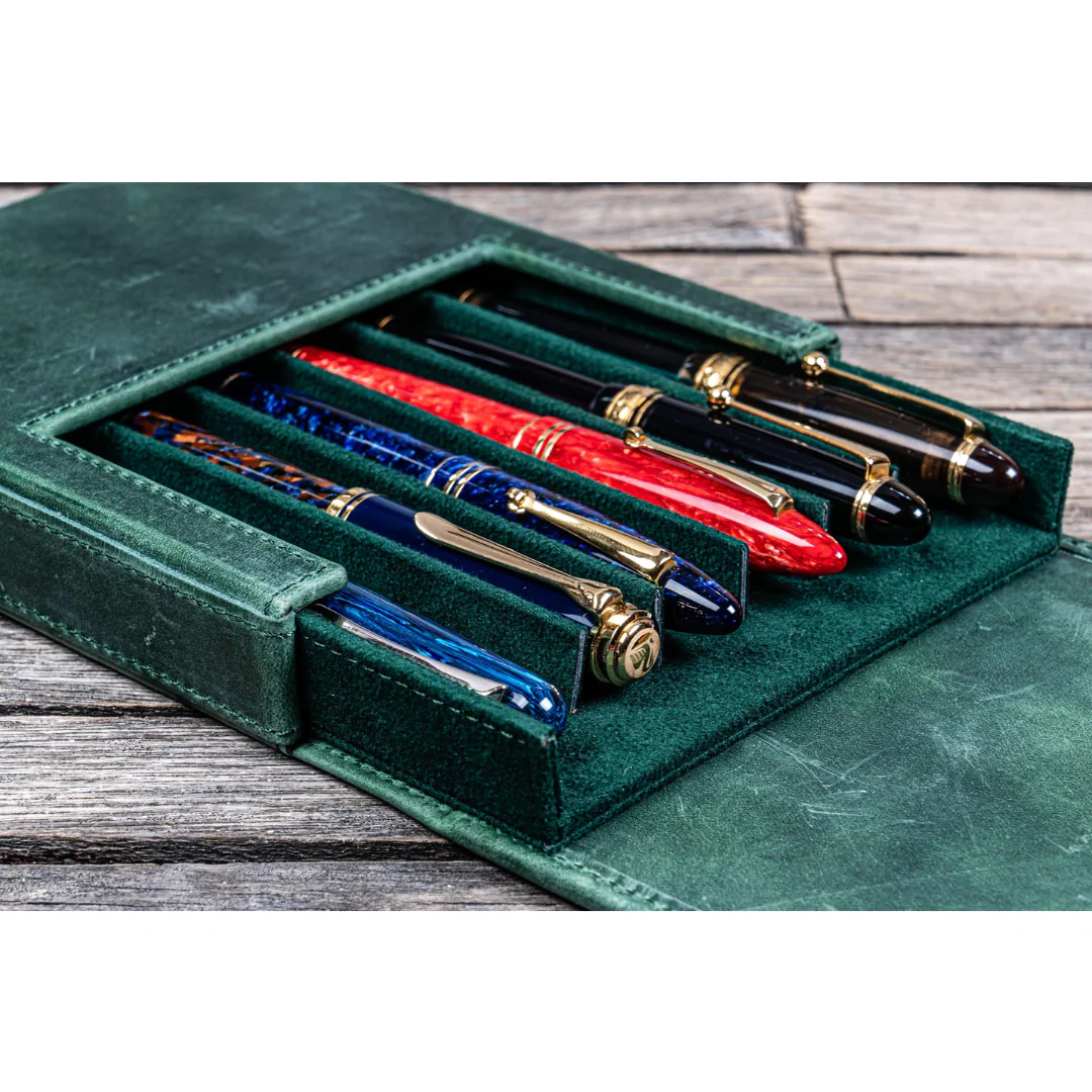 Galen Leather - Leather Magnum Opus 6 Slots Hard Pen Case with Removable Pen Tray - Crazy Horse Forest Green - Image 4