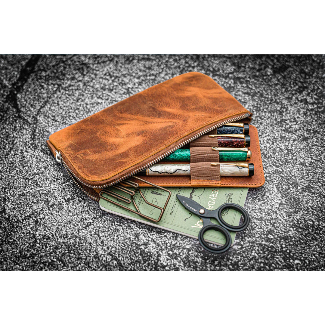 Galen Leather - Leather Slip-N-Zip 4 Slots Zippered Pen Pouch - Crazy Horse Brown