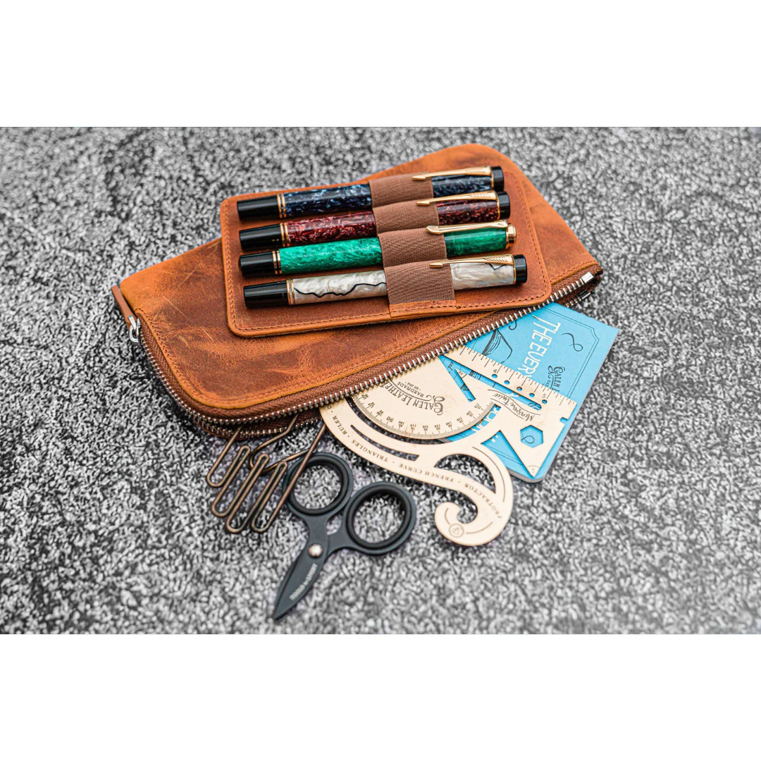 Galen Leather - Leather Slip-N-Zip 4 Slots Zippered Pen Pouch - Crazy Horse Brown - Image 2