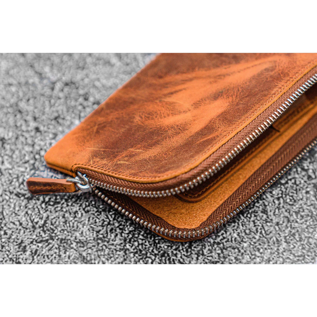 Galen Leather - Leather Slip-N-Zip 4 Slots Zippered Pen Pouch - Crazy Horse Brown - Image 4