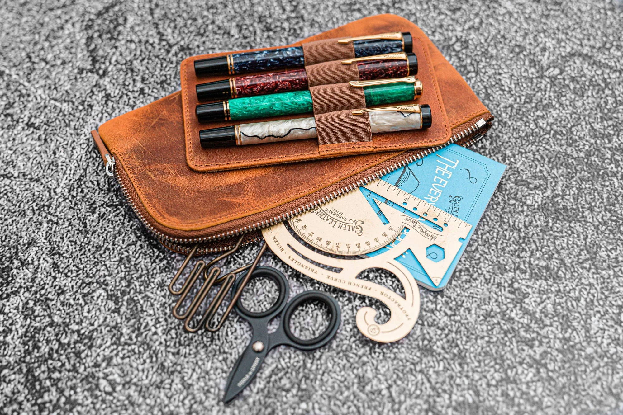Galen Leather - Leather Slip-N-Zip 4 Slots Zippered Pen Pouch - Crazy Horse Honey Ochre - Image 2