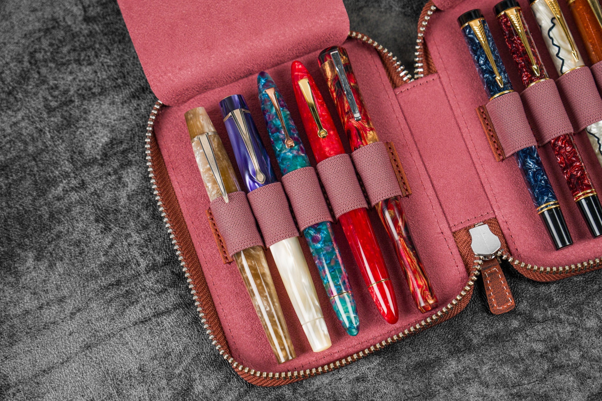 Galen Leather - Leather Zippered 10 Slots Pen Case - C.H. Orange - Image 2
