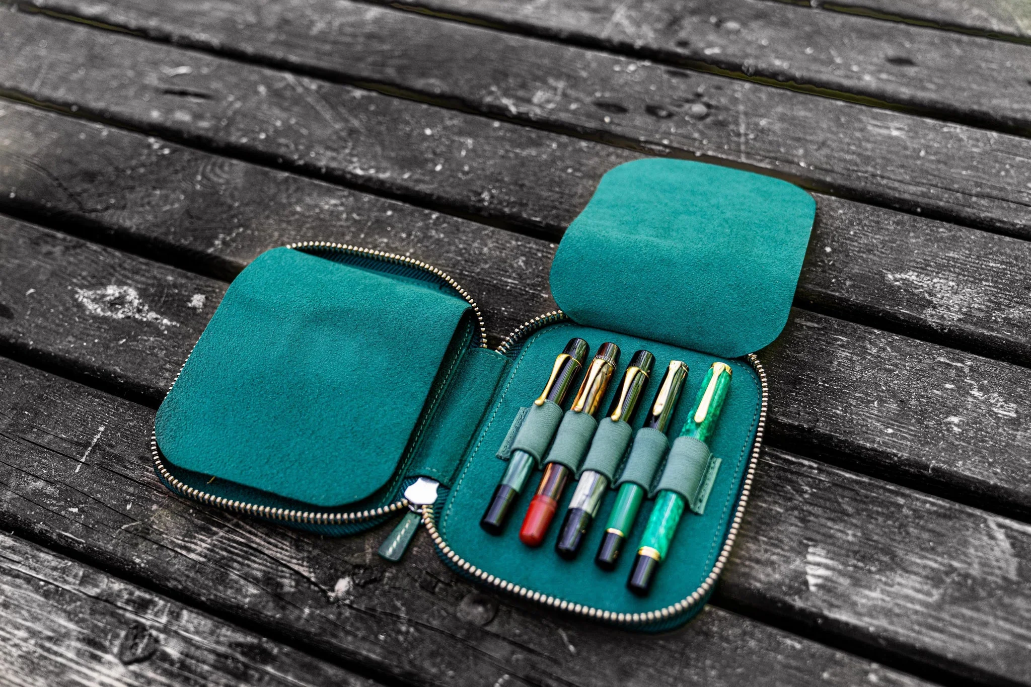 Galen Leather - Leather Zippered 10 Slots Pen Case - Crazy Horse Forest Green - Image 3
