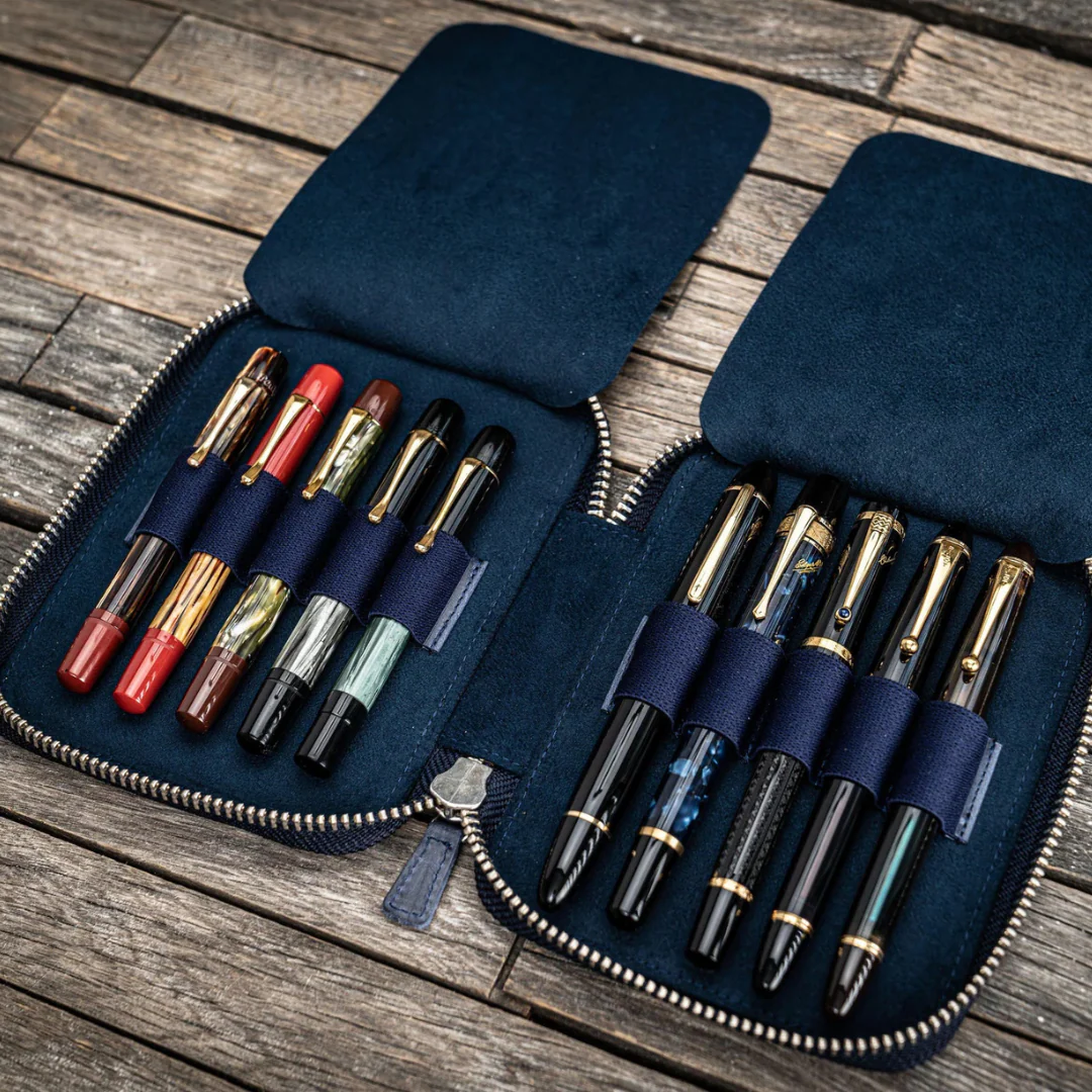 Galen Leather - Leather Zippered 10 Slots Pen Case - Crazy Horse Navy Blue
