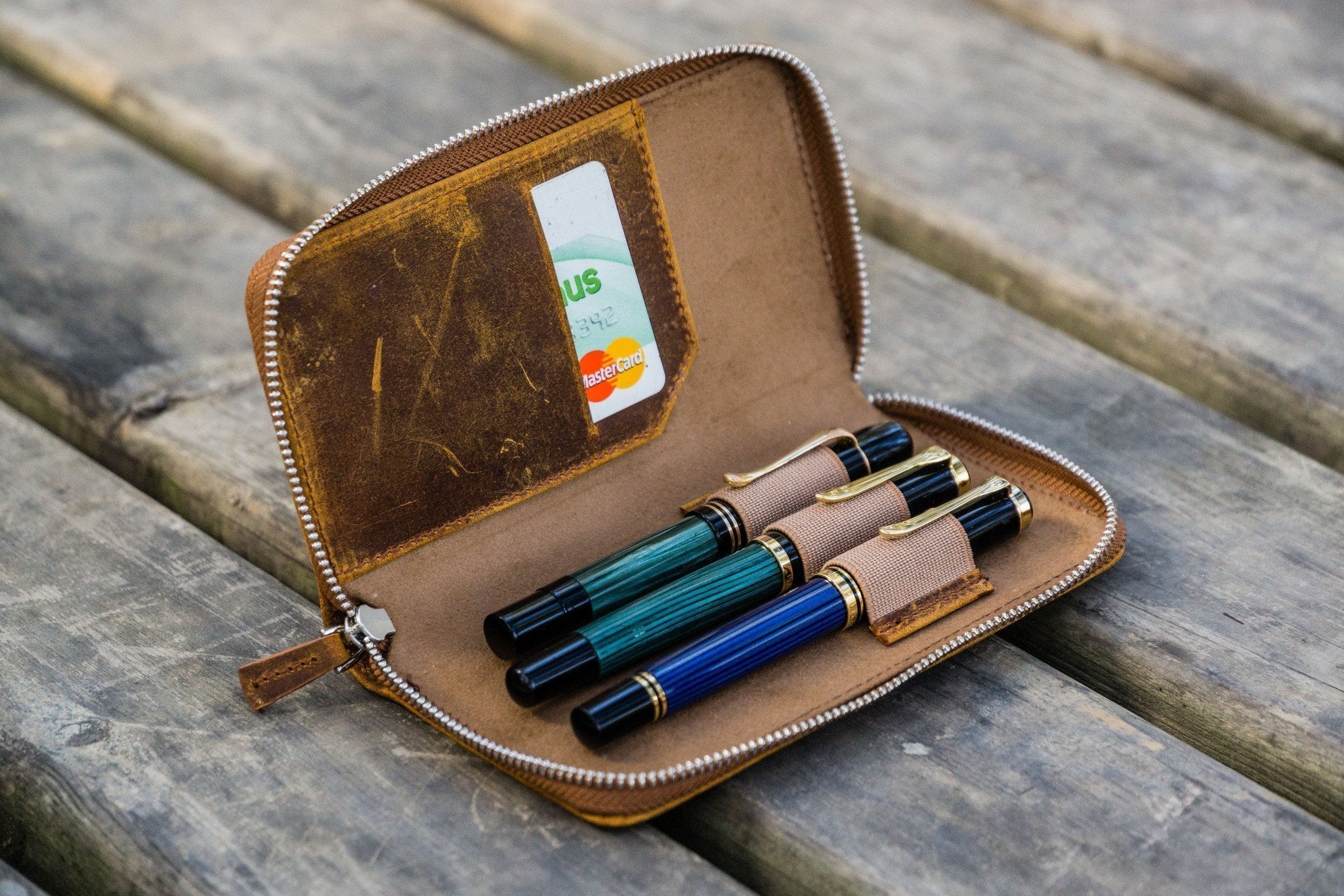 Galen Leather - Leather Zippered 3 Slots Pen Case - Crazy Horse Brown - Image 3