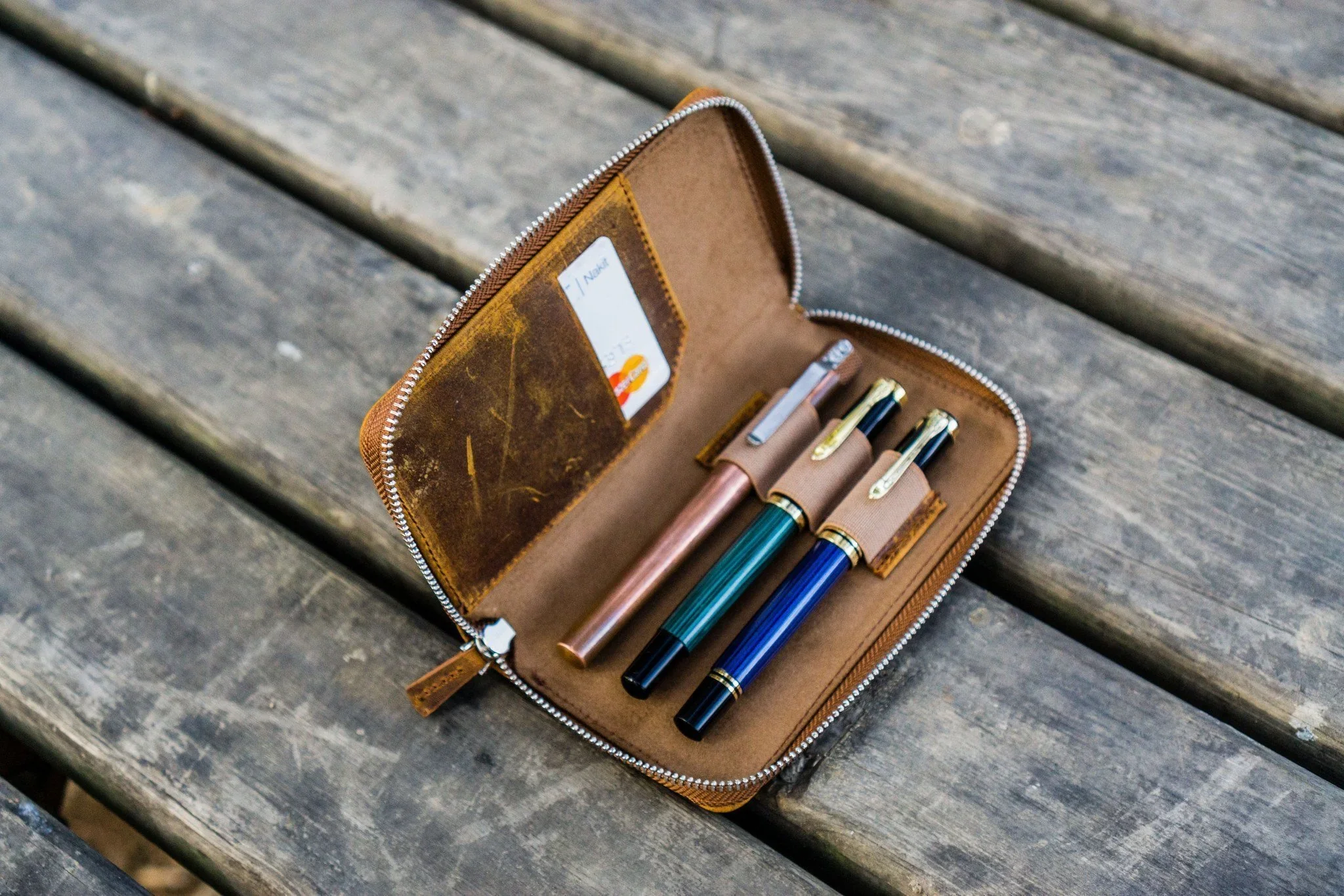Galen Leather - Leather Zippered 3 Slots Pen Case - Crazy Horse Brown - Image 4