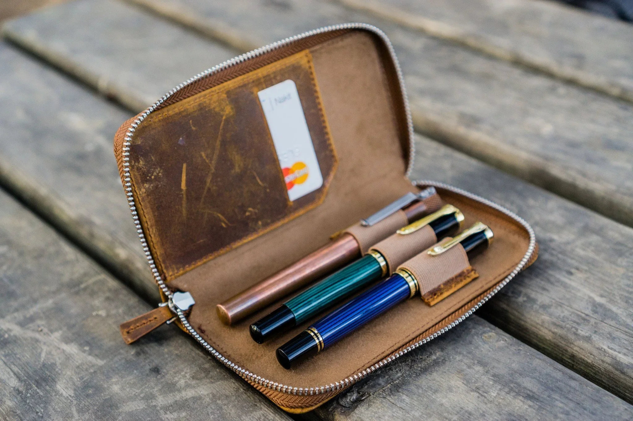 Galen Leather - Leather Zippered 3 Slots Pen Case - Crazy Horse Brown - Image 5