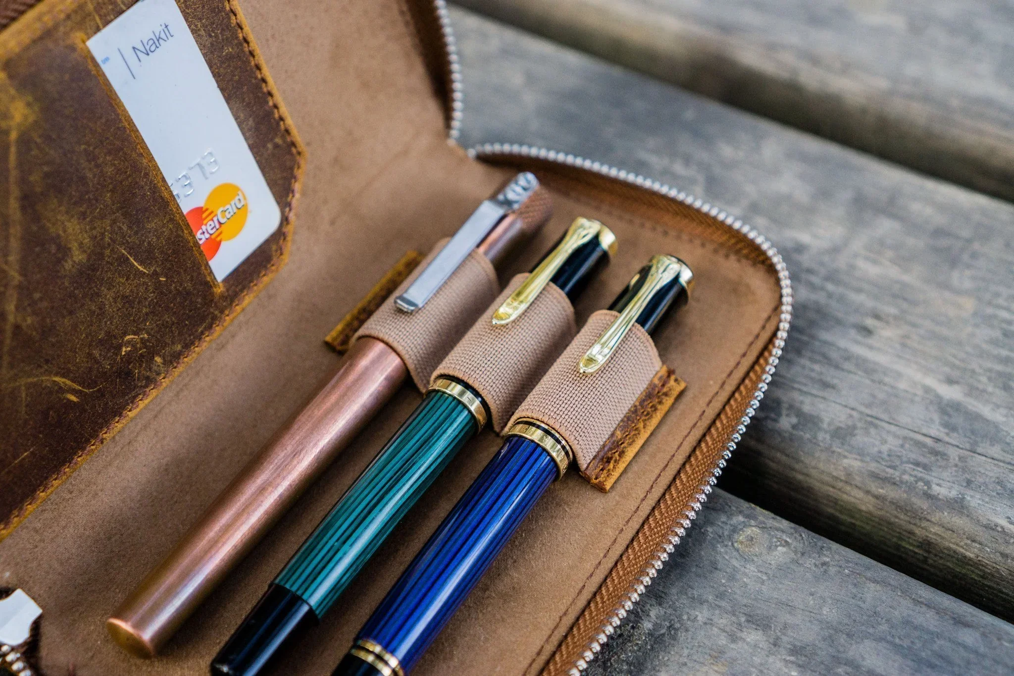 Galen Leather - Leather Zippered 3 Slots Pen Case - Crazy Horse Brown - Image 6