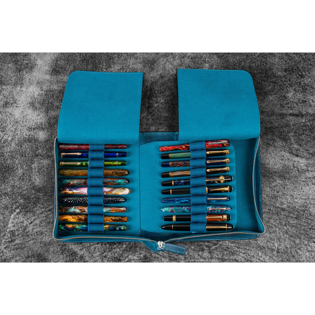 Galen Leather - Leather Zippered 40 Slots Pen Case - Crazy Horse Ocean Blue - Image 2