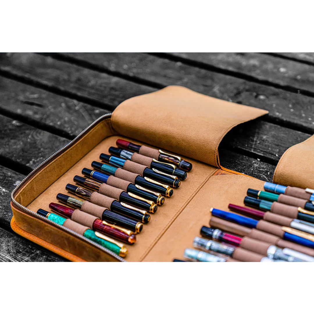 Galen Leather - Leather Zippered 40 Slots Pen Case - Crazy Horse Brown - Image 2