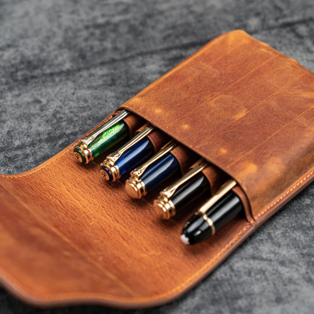 Galen Leather - Leather Flap 5 Slots Pen Case - Crazy Horse Brown