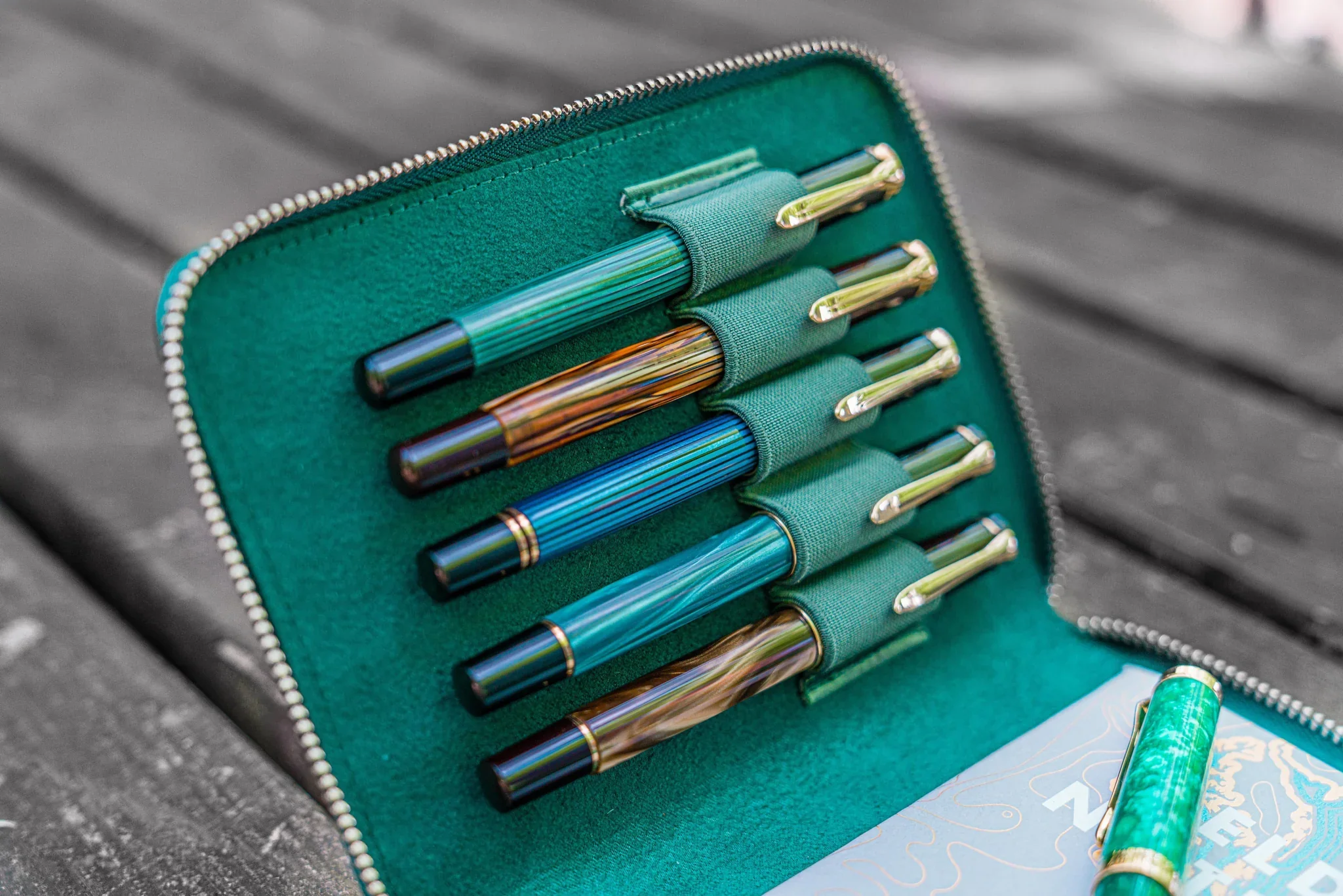Galen Leather - Leather Zippered 5 Slots Pen Case - Crazy Horse Forest Green - Image 2
