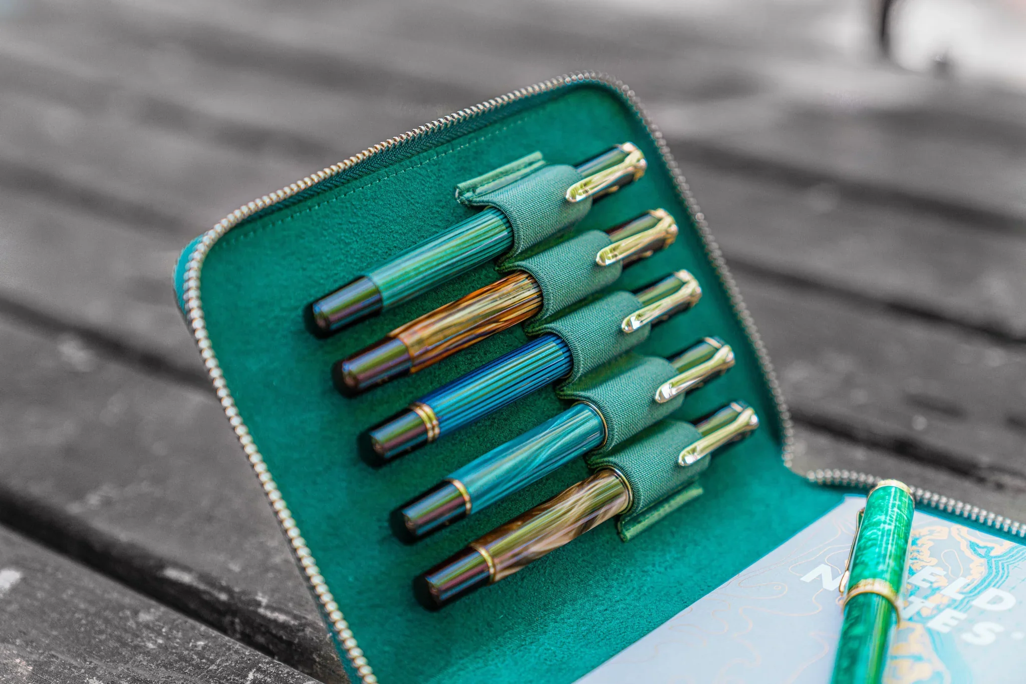 Galen Leather - Leather Zippered 5 Slots Pen Case - Crazy Horse Forest Green - Image 3