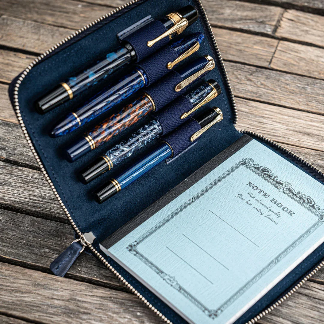 Galen Leather - Leather Zippered 5 Slots Pen Case - Crazy Horse Navy Blue