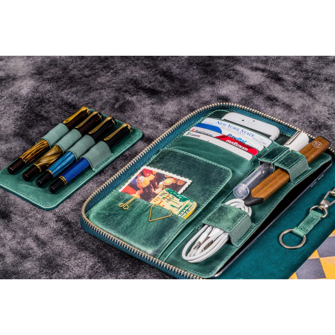 Galen Leather - Leather Zippered Hobonichi Cousin A5 Planner Folio - Crazy Horse Forest Green - Image 9