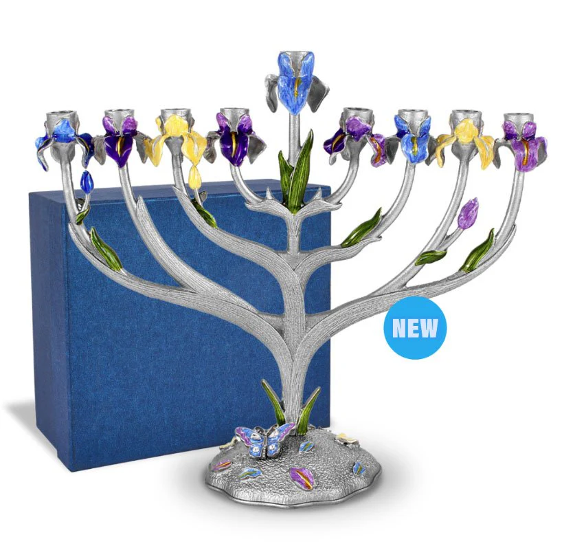 Iris Flower Pewter Plated Jeweled Menorah - Gift Boxed