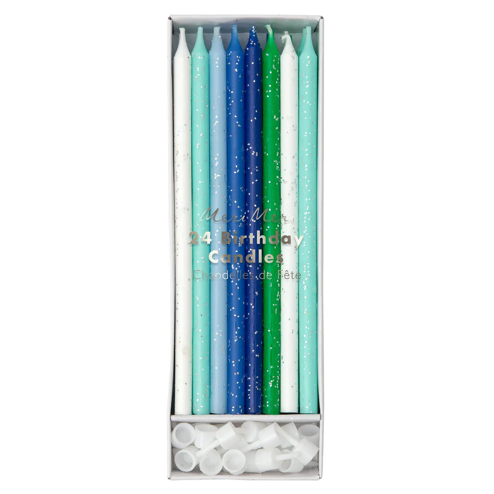 MERI MERI - Blue & Green Glitter Birthday Candles - Pack of 24