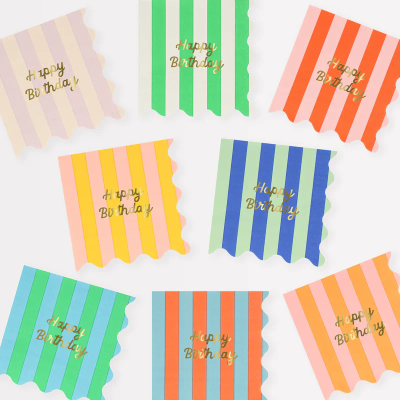 MERI MERI - Stripe Happy Birthday Large Napkins - Assorted Colours - Pack of 16 - 13`` X 13``