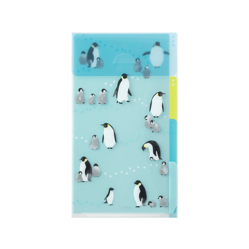 MIDORI - 3-Pocket Clear Folder with Flaps - A5 Slim | Penguins