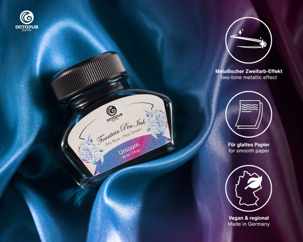 Octopus Fluids - Sheening 30ml Fountain Pen Ink - Unicorn Sky Blue/Pink - Image 2