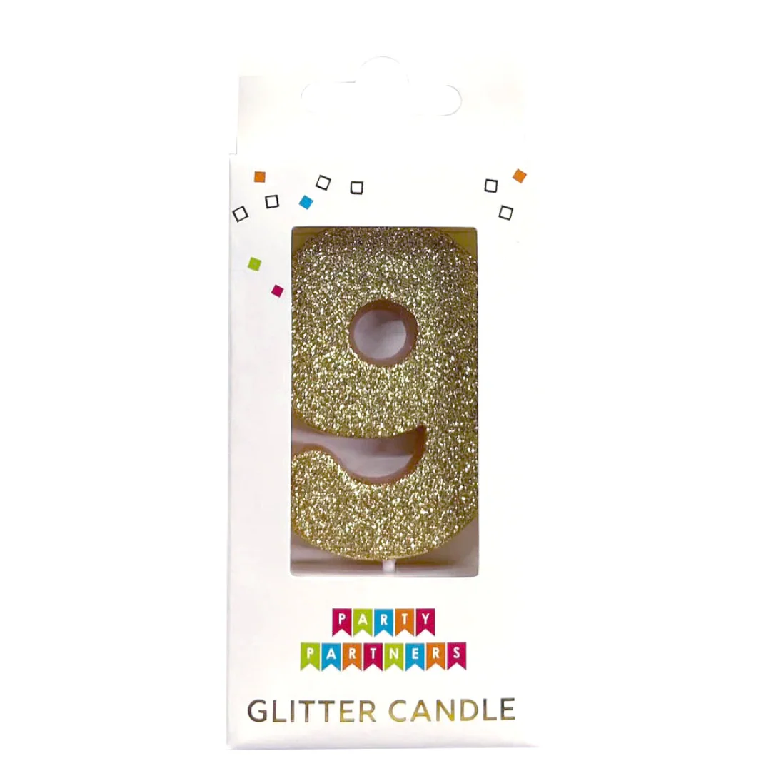 Party Partners - Gold Glitter "9" Candle