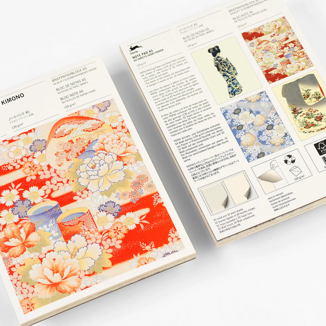 PEPIN PRESS - A5 NOTE PAD, Premium Ivory Paper, 64 Sheets - 'Kimono' (4 Japanese-style Print Designs)