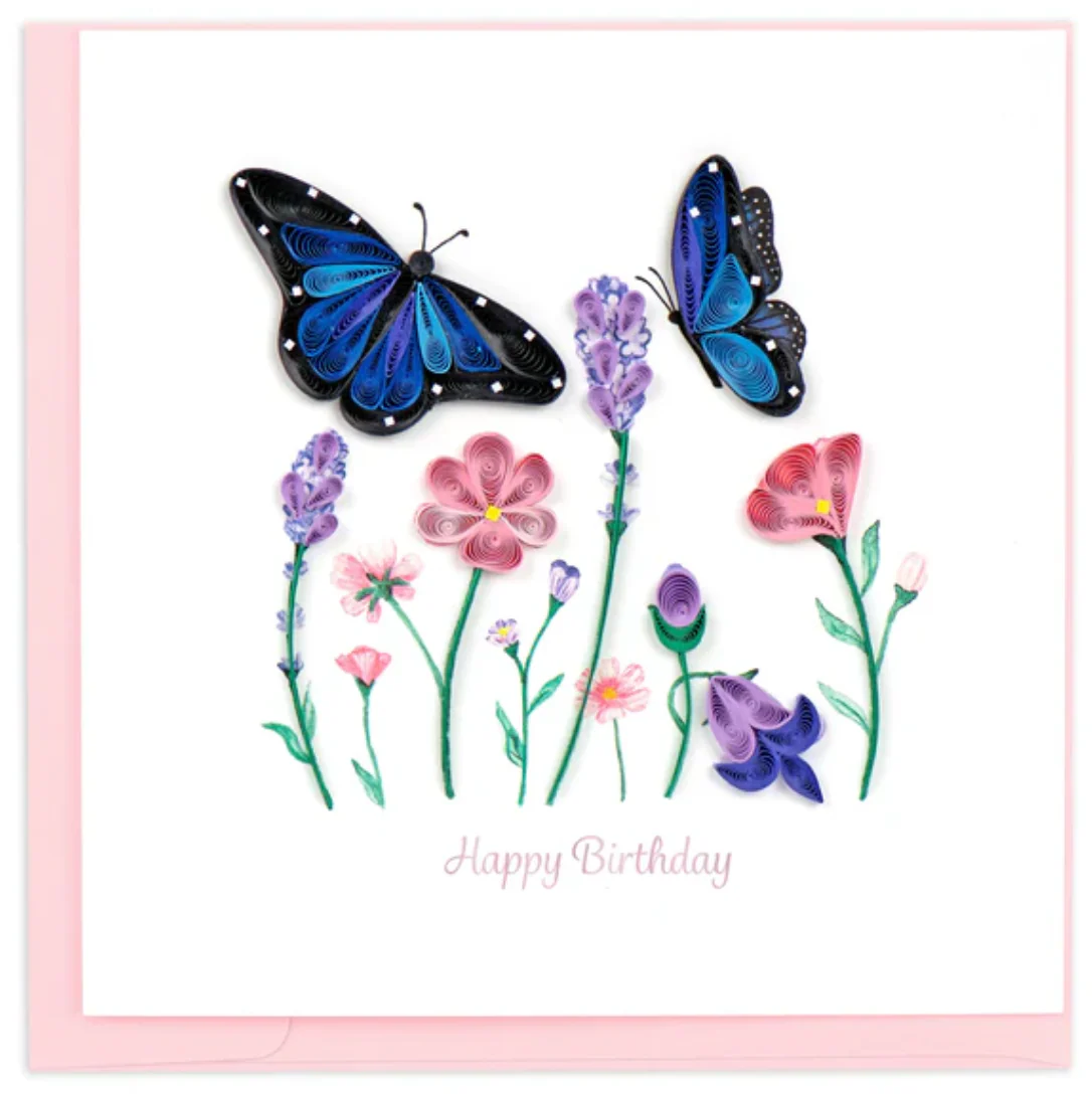 Quilling Birthday Card - Birthday Flowers & Blue Butterflies