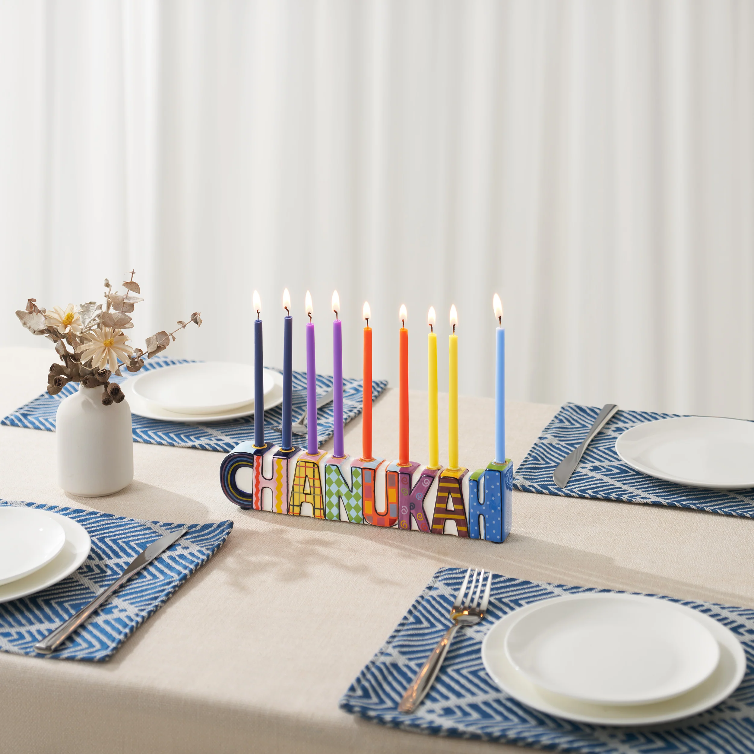 Rite Lite - "CHANUKAH" Hand-Painted Ceramic Menorah (with Gift Box)