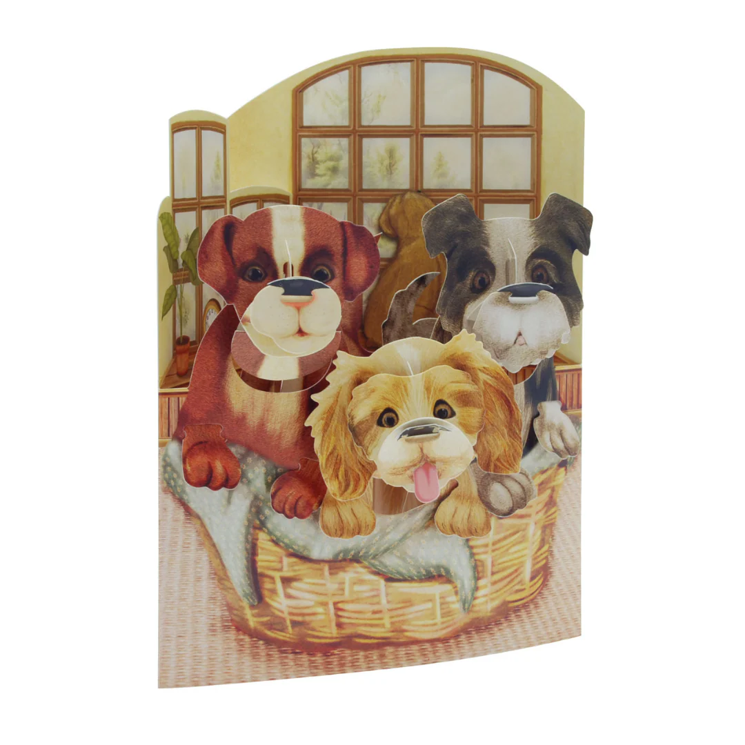 Santoro Swinging Card - Three Puppies In A Basket